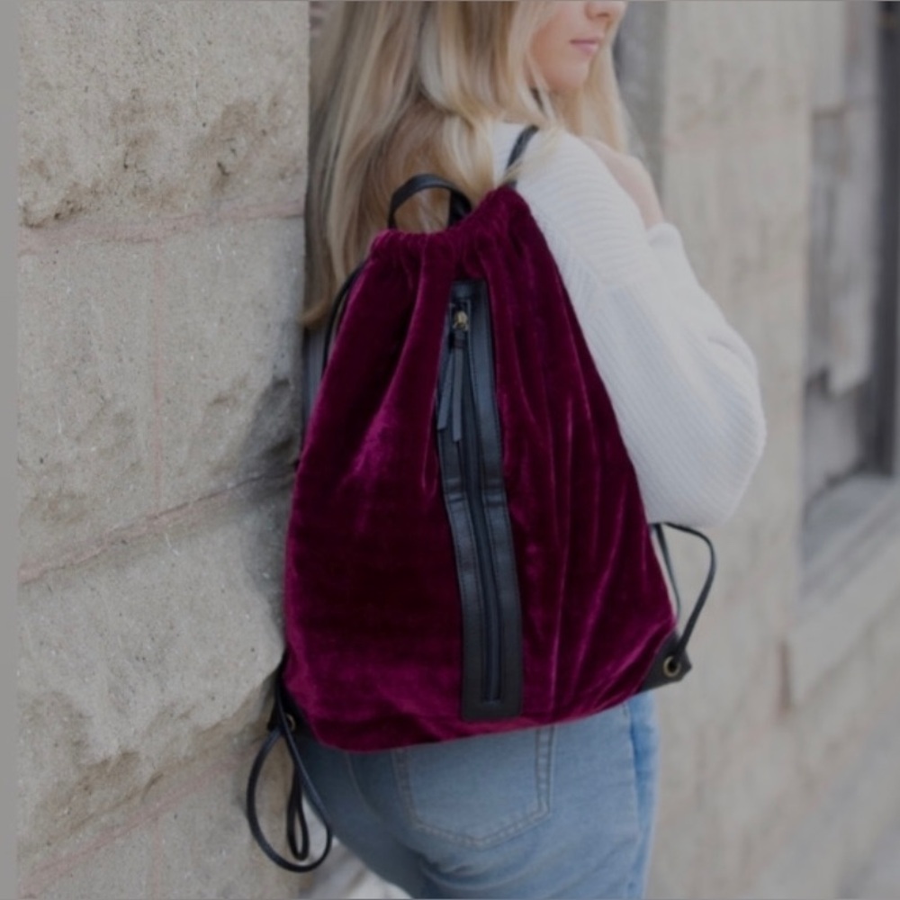 10 bags total - Velvet  Drawstring Backpack - Burgundy & Black